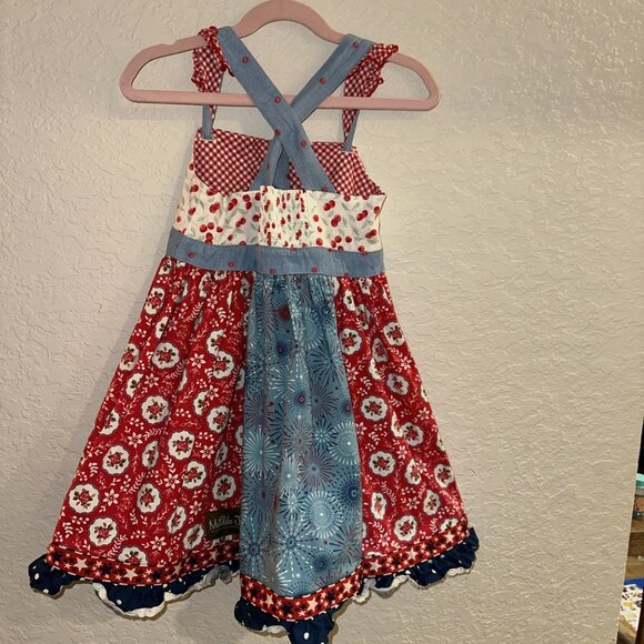 Matilda Jane Girls Jolene Mixed Pattern Dress Size 6 Patriotic America Red Blue - Picture 3 of 8